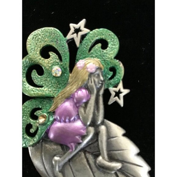 Vintage DD Pewter and Enamel Fairy Brooch With Aurora Borealis Rhinestones - Picture 3 of 7